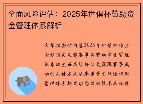 全面风险评估：2025年世俱杯赞助资金管理体系解析